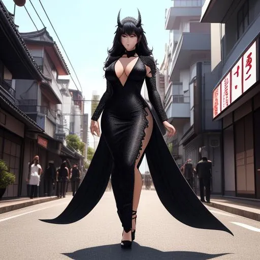 Prompt: Imagine a stunning human-Godzilla hybrid with a gorgeous figure, a large chest, and Godzilla scales for skin. Her dorsal fins run down her spine and her tail has the iconic Godzilla dorsal fins. She is standing in a miniature Japanese street, towering over the buildings and people around her. She is wearing a black lace dress that adds a touch of elegance to her monstrous appearance.