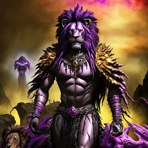 Prompt: Horror, Scary, Ominous, Sinister, freeform dark chaos epic bold, 3D, HD, {one}({liquid metal {African}Lion dressed in Barbarian outfit} with {purple gold pink green red silver blood}ink), expansive psychedelic background --s99500