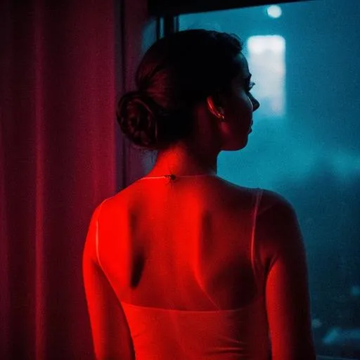 Prompt: A photography in Elsa Bleda style, a woman silhouette from behind looking through a window at her apartment over a decadent city at night, red neon lights illuminating, ethereal gloomy mood, fog. 