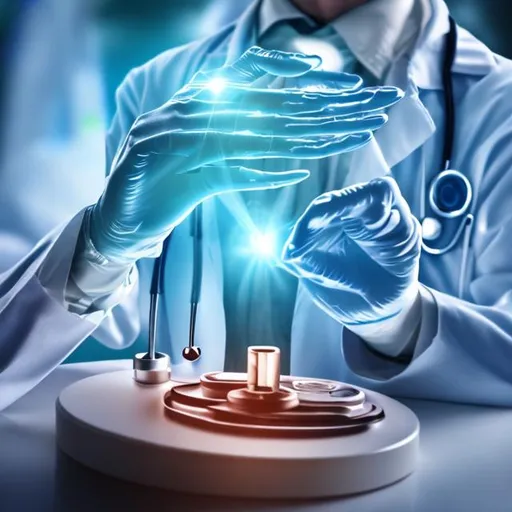 Prompt: Design an image where a doctor's hands extend towards pharmaceutical elements, with a healing energy or light emanating from their touch. This can symbolize the collaboration between medical expertise and innovative pharmaceutical solutions.


