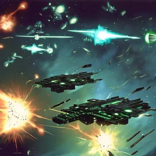 Prompt: Romulan fleet fighting a borg cube in deep space
