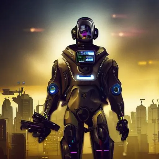 Prompt: cyber punk human bounty hunter with robotic arm, matte painting, city background, holding a revolver, hyper detailed, no mistakes, HD, 8K, posing