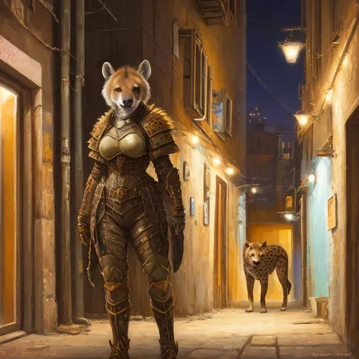 Prompt: oil painting, hd,  hyena warrior wearing flak armour, she is standing in a alley, lights are on the wall, at night,