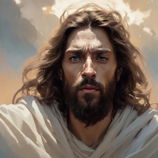 Prompt: portrait of handsome Jesus dressed in white clothes , fantasy character portrait, dynamic pose, above view, sunny day, thunder clouds in the sky, artwork by Jeremy Lipkin and Giuseppe Dangelico Pino and Michael Garmash and rob rey, very coherent symmetrical artwork, perfect face, simple form