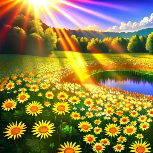 Prompt: Sun rays shining down over a field of multicolored flowers around a Lake, Vivid Colors, hyperdetailed, photorealistic, Beautiful Details, intricate Details, Colorful, Film Quality, 3D, 64K resolution, Dynamic Lighting, Sun Spot, Detailed Flower Peddles. daisies in the forefront