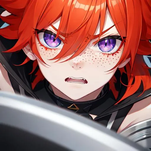 Prompt: Erikku male (short ginger hair, freckles, right eye blue left eye purple) UHD, 8K, Highly detailed, insane detail, best quality, high quality, angry, stern look, full body