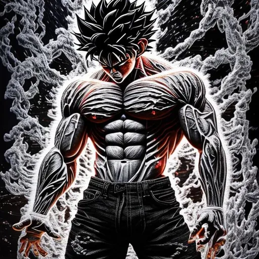 Prompt: 64K masterpiece intricate hyperdetailed breathtaking 3D glowing black oil painting medium portrait of Son Goku, black trousers, intricate hyperdetailed muscular body, intricate hyperdetailed muscles, glowing white light reflection on the muscles, hyperdetailed intricate hard standing glowing hair, hyperdetailed glowing angry white eyes, detailed face, white glowing muscles, white glowing body, white glowing skin, semi-polaroid monochrome photography, hyperdetailed complex, character concept, hyperdetailed intricate glowing shining glamorous white water drop floating in the air, very angry, intricate glowing light reflection, intricate hyperdetailed glowing iridescent reflection, strong glowing white light on the hair, contrast white head light, hyperdetailed very strong black shading, very strong black muscle shadow, professional award-winning photography, maximalist photo illustration 64k, resolution High Res intricately detailed, impressionist painting, yellow color splash, illustration, key visual, panoramic, cinematic, masterfully crafted, 8k resolution, stunning, ultra detailed, expressive, hypermaximalist, UHD, HDR, UHD render, 3D render, 64K, hyperdetailed intricate watercolor mix oil painting on the body, Toriyama Akira