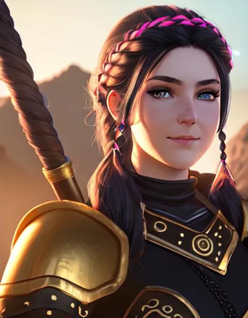 Prompt: Digital art, 20-year-old woman viking, subtle smile, black hair, one braid, light blue eyes, black gear, gold armor, unreal engine 8k octane, 3d lighting, full body, full armor