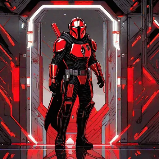 Prompt: a male mandalorian in black armor with red details. He wears a mandalorian crusader armor. He is standing on a space ship deck shooting against enemies hidded back a door. He has to pistols. Marvel art. Star wars art. Comics art. 2d art. 2d.
  