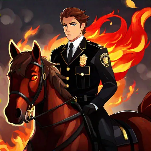 Prompt: Caleb  as a police officer (brown hair) (brown eyes) wearing a tuxedo, full body, riding a (demon horse, glowing red eyes, black coat, firey mane and tail)