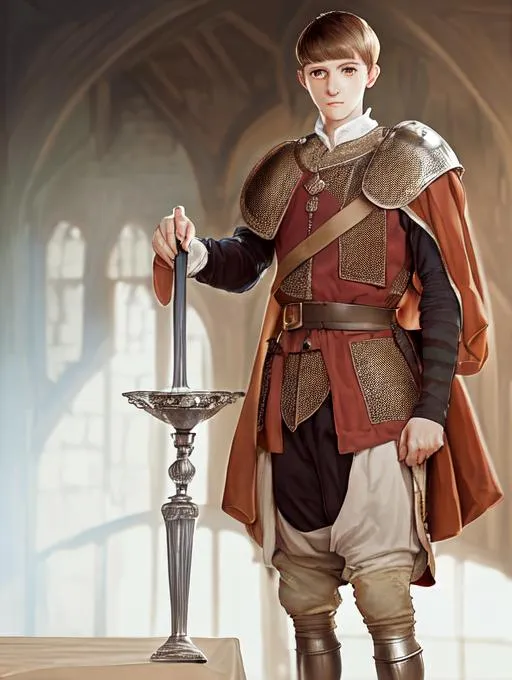 Prompt: High quality photorealistic portrait of man {Henry V} , young, oval face, cleanly shaven, with hazel eyes and dark brown pudding basin bowlcut short hair, medieval Englishman standing in a luxurious castle room with morning sunlight, wearing a blue gown