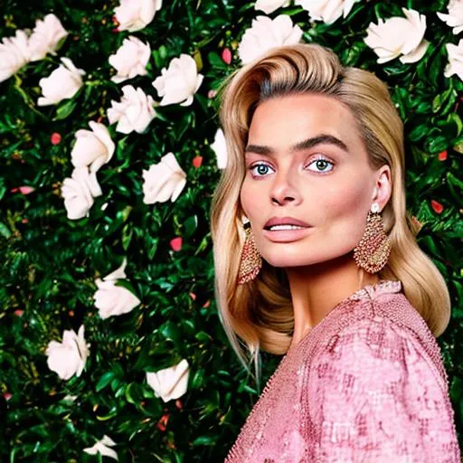 Prompt: High quality picture of Margot Robbie wearing a high detailed inspired pink Barbie Dolce&Gabbana outfit in a Barbie world background
