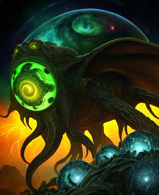 Prompt: Cthulhu, planet and stars in sky, intricate, masterpiece, hyper detailed, firestorm, 8k, neon highlights, HDR, Highly Detailed, perfect composition, photo real, realistic, super detailed, 8k, high quality, sharp focus, intricate details, highly detailed, masterpiece