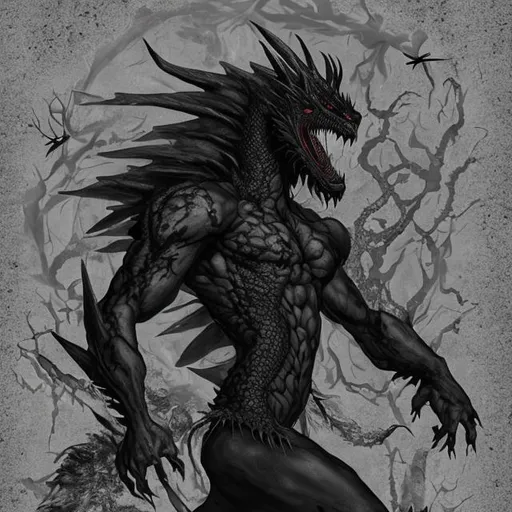 Prompt: beautiful black dragon Man full body portrait