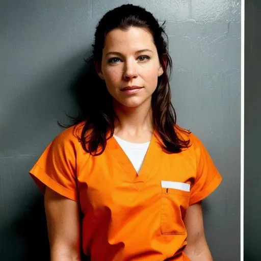 Prompt: Young Evangeline lilly in prison wearing orange scrubs prison uniform