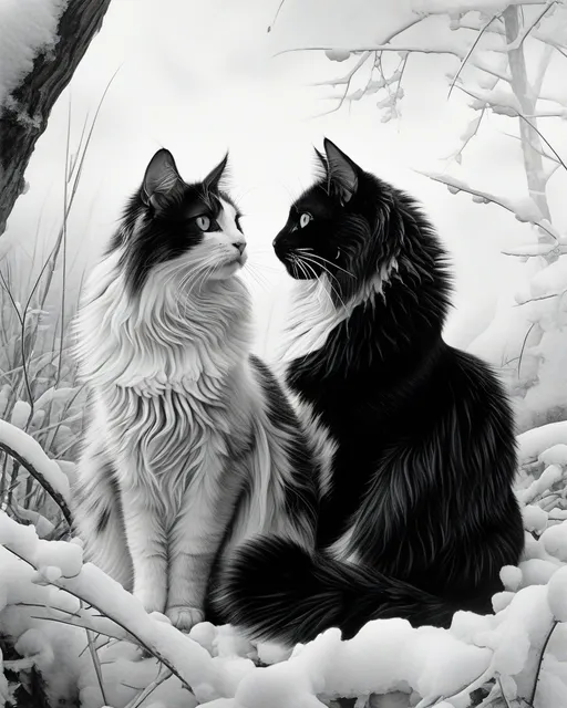 Prompt: Black and white photo of two cats sitting gracefully in a winter landscape, one sleek black, the other a striking white with a black nose and tail, showcasing stark contrasts. Captivating neo-romanticism style by Bálint Kiss, evoking feelings of serene solitude, detailed textures of fur and snowflakes, soft shadows, ultra-detailed, high contrast.