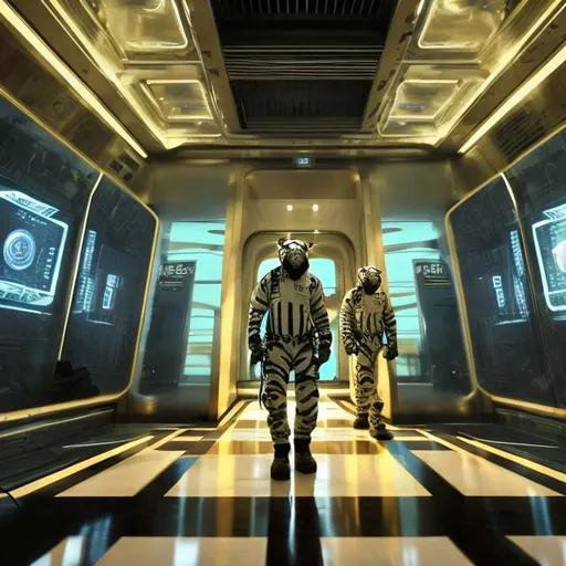 Prompt: tiger security guards in an alien bank vault interior, widescreen, infinity vanishing point, surprise me