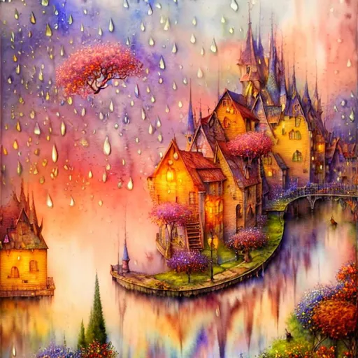Prompt: Watercolor, wet on wet , sunrise, petals rain, watercolor patchwork landscape village art by Daniel Merriam, Josephine Wall, Jeremy Lipkin,  Alayna Danner, holographic reflection, glossy, wet, shimmer, cinematic smooth, super clear resolution,  intricate, highly detailed, crispy quality, dynamic lighting, hyperdetailed and realistic, fantastic view