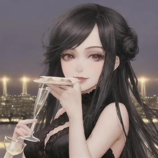 Prompt: {at a superyacht party} {girl at night} {at the party food section} beautiful black hair karina from aespa enjoying the luxury life drinking a champagne glass eating cake, red lips, semi realistic, tied up hair bun hair, korean girl, smiling