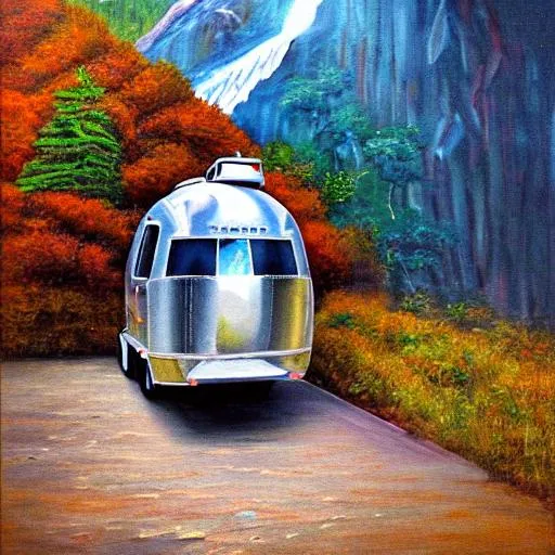 Prompt: impressionistic painting of an airstream backing up into a spot with a view of a waterfall
