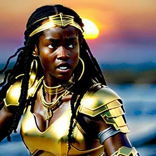 Prompt: Epic battle (Epic movie fight scene) (Full body, Hyperealistic detailed photography). Beautiful ebonian warrior princess fighting with a spear, leading her tribe into battle, strong-willed, (determined eyes), (golden necklace), (golden headband), (light armor dark blue cloth), black hair, armed with shining magical spear. Savannah. Dark. Sunset.