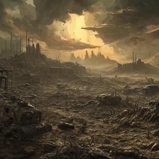 Prompt: a post-apocalyptic
 landscape with an old factor in the scene
