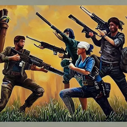 Prompt: generate pubg painting art with 8 warriors with gun