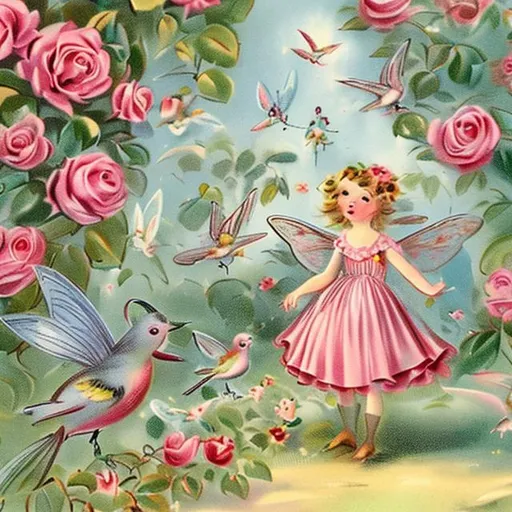 Prompt: vintage children's illustration of a rose garden magical with birds and fairies