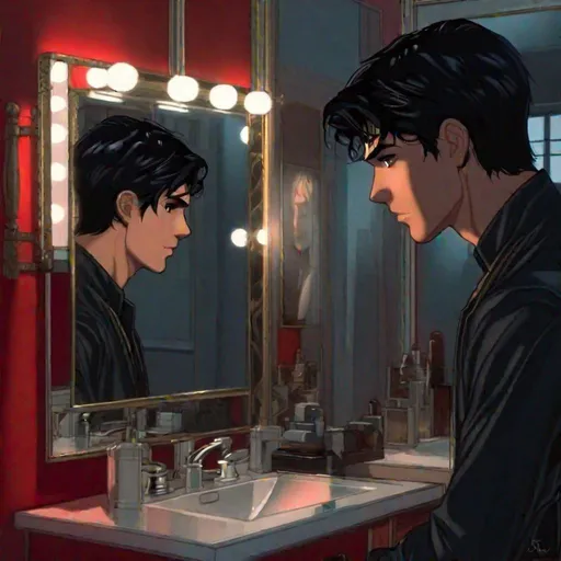 Prompt: Damien (male, short black hair, red eyes) placing his hand on the mirror staring at his reflection 