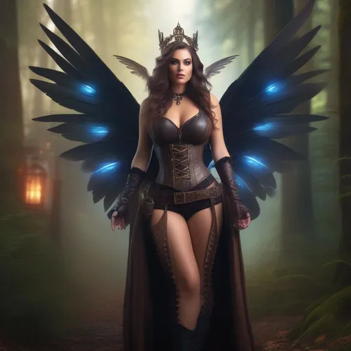 Prompt: Epic. Cinematic. 4k.  8k.  Wide angle. Full body shot. Hyper realistic painting. Concept art. matte painting. Detailed Illustration. photo realistic. A beautiful, buxom woman with broad hips. extremely colorful, bright eyes,  standing in a forest by a sleepy town. Shes a Steam Punk, goth style witch.  A distinct Winged fairy, with a skimpy, very sheer, gossamer, flowing outfit.  A picturesque Halloween night.  Octane render. Trending on artstation.