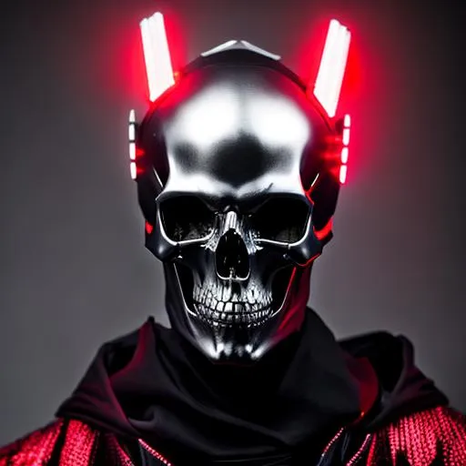 Prompt: man with skull head, pointy crown bones fused to top of the skull, reflective avorio skull mask, black paint marks on skull, human wide-eyes, inside visors, dark eyes, red pupils, angry eyes, bags under eyes, cyberpunk, armored neck piece, dark grey robes, royal hassar trench coat, silver linings, ectomorph body, silver cross sigil chest, black gloves, wielding glowing crystal sword, cityscape in the background, neon lights, rain pouring down, steam rising from the streets, futuristic skyscrapers, glowing holographic billboards, cybernetic implants, glowing circuitry, dark and gritty, highly detailed, intricate, sharp focus, science fiction, and hi-tech style, perfect composition, beautiful detailed intricate insanely detailed octane render trending on artstation, 8 k artistic photography, photorealistic concept art, soft natural volumetric cinematic perfect light, chiaroscuro, award - winning photograph, masterpiece, oil on canvas, raphael, caravaggio, greg rutkowski, beeple, beksinski, giger