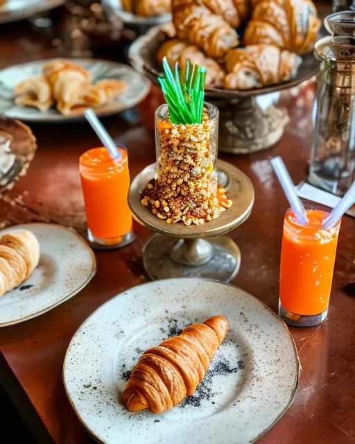 Prompt: A table set with fantastical dishes including colorful juices in test tubes, exotic puffed rice towers, and speckled mushroom croissants.