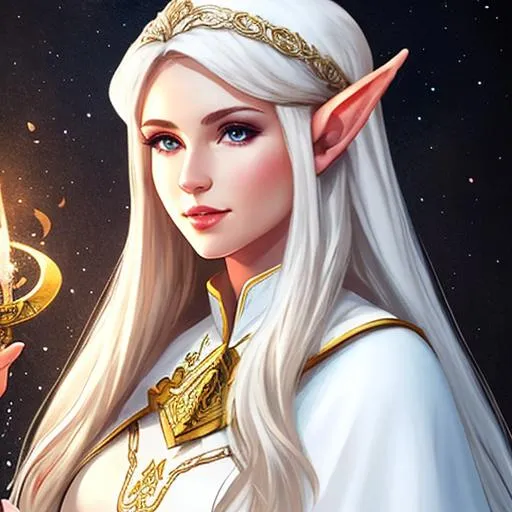 Prompt: elf cleric with white robes, female, dnd, illustration, portrait