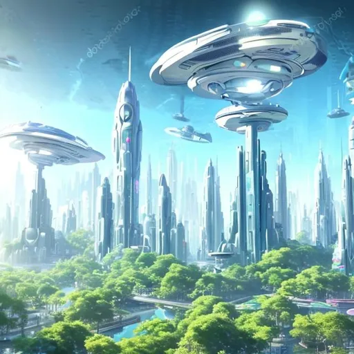 Prompt: Futuristic City White Tall Towers Lush Green Overgrown Plants Light Blue Sky High with many big white spaceships and mini hover viechles