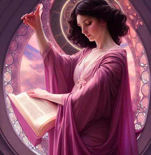 Prompt: philomena, patron saint of mental health, beautiful, dark hair, ethereal pink dress, bible, gorgeous, amazing, elegant, intricate, highly detailed, digital painting, artstation, concept art, sharp focus, illustration, art by artgerm and greg rutkowski and alphonse mucha