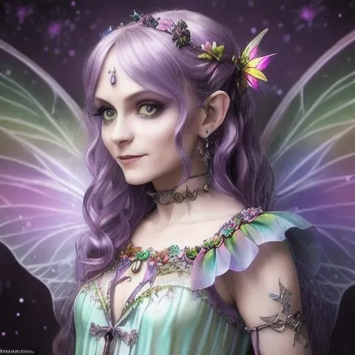 Prompt: Portrait of a tiny adult ageless female fairy, unique fey unsettling face, small smile, with large dark-rainbow-colored fairy wings attached to her back, pastel goth, spooky, perfect composition, highly detailed, intricate details, HD, fey, dungeons and dragons