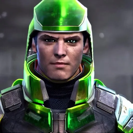 Prompt: A space soldier commander stands towards you with a serious look in his eyes. He in his 30's. He has green armor on.