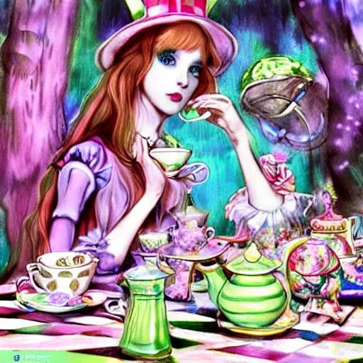 Alice in Wonderland having a tea party with the Mad... | OpenArt