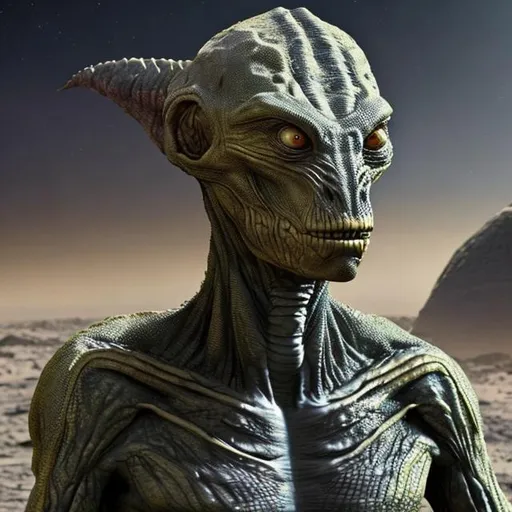 Prompt: realistic looking reptilian race alien on distant dystopian planet in background