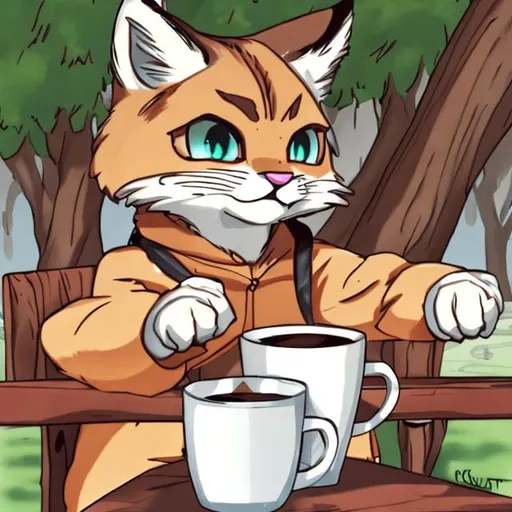 Prompt: anime bobcat holding coffee