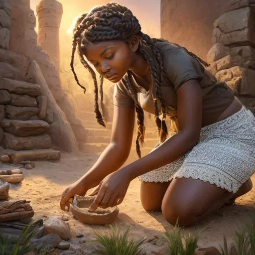 Prompt: Please produce a illustration of a beautiful black adolescent girl archaeologist working in the field examining artifacts brown skin color, with braids, daytime background, fantasy colors, daytime, background, high quality, trending art, trending on art station, sharp focus, studio photo, intricate details, highly detailed, UHD, HDR, 8K, ((Masterpiece))