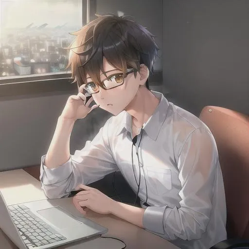 Prompt: high res, digital art, boy (buzz cut, eye glasses, headphone, focus on programing) studying on a desk , windown (ouside only can see rainning and cold fog), laptop on his left, dark colour, a bit warming orange light
