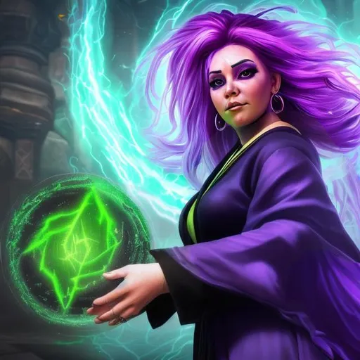 Prompt: Portrait of a female Gnome, sorceress, hyperrealistic, wizard black robe, harry potter style, casting a green spell, wave of energy flowing, powerful spell, world of warcraft inspired, 4k, background.
