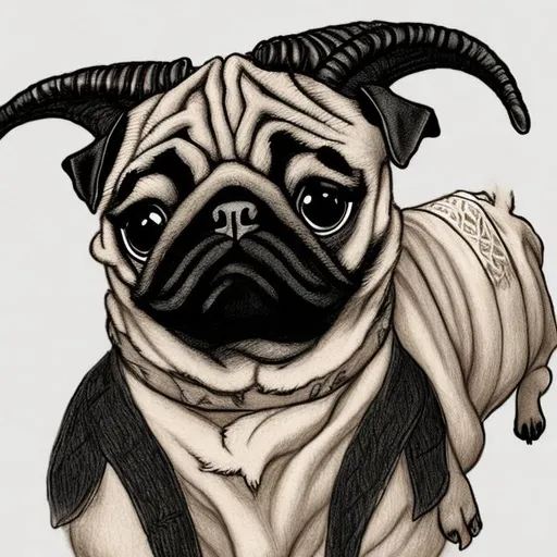 Prompt: Draw a pug with goat horns and goat hooves