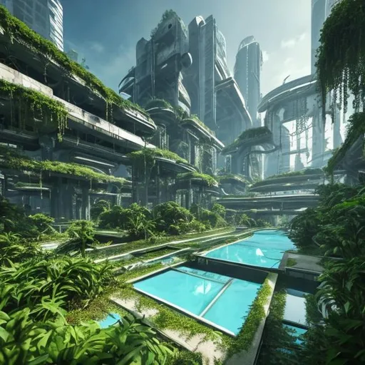 Prompt: Abandoned Futuristic City Overgrown With Lush Green Plants Light Blue Sky Reflection Pool High Resolution 8k