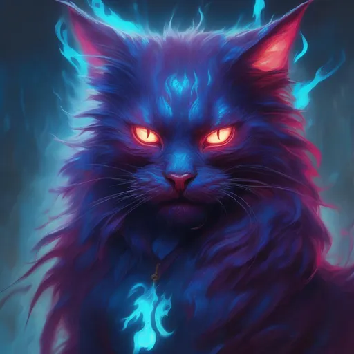 Prompt: Ahz-m'Athra, nightmare cat from the dark behind the world, corrupted, maroon fur with glowing neon blue veins and covered in hellish vivid blue fire, masterpiece, best quality, in oil painting style
