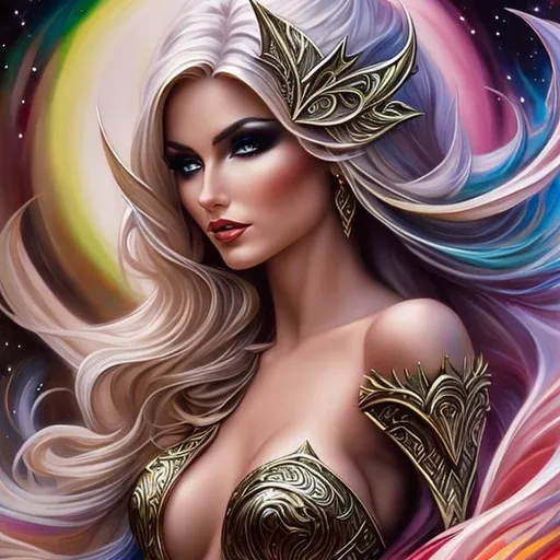 Prompt: elven sorceress, by j. scott campbell and boris vallejo and alex ross,  graffiti art, splash art, street art, spray paint, oil gouache melting, acrylic, high contrast, colorful polychromatic, ultra detailed, ultra quality, CGSociety, depth of field, 3d render