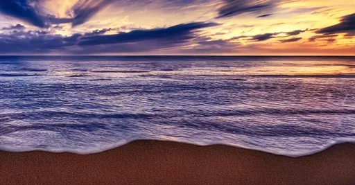 Prompt: professional photograph of a beach, sea view, two lies, Blue hour lighting, Highly detailed, HDR, UHD, 4K