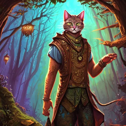 Prompt: Tabaxi, cat person, painting style, fantasy male, dress vest, colorful clothes, paisley clothes, forest background, glowing, magic, wizard, sorcerer, happy, young