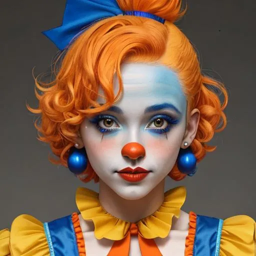 Prompt: A pretty female clown wearing blue and orange,, short curly blue hair, cute clown makeup, wearing a yellow hair ribbon, facial closeup